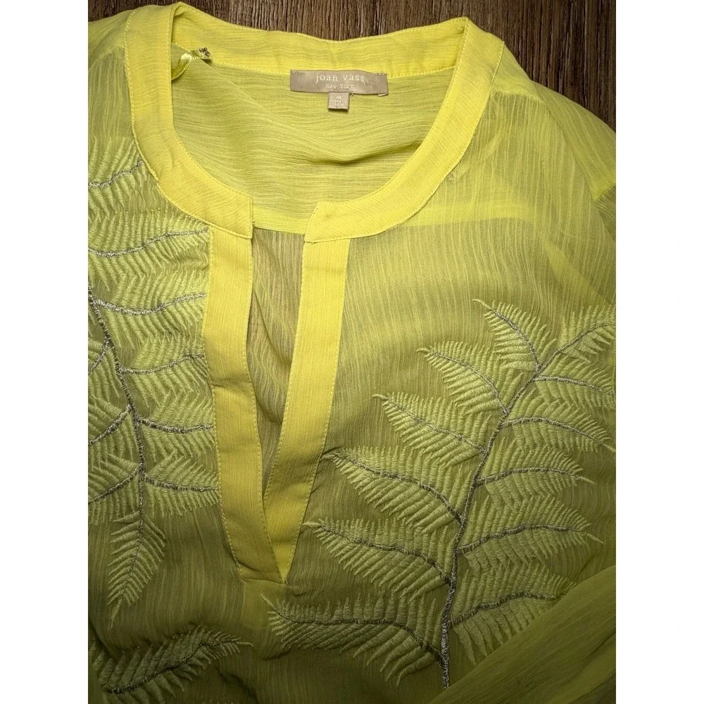 Joan Vass Yellow Fern Embroidered Sheer Tunic Blouse Size M‎ Long Sleeve Tab Top - Picture 4 of 9